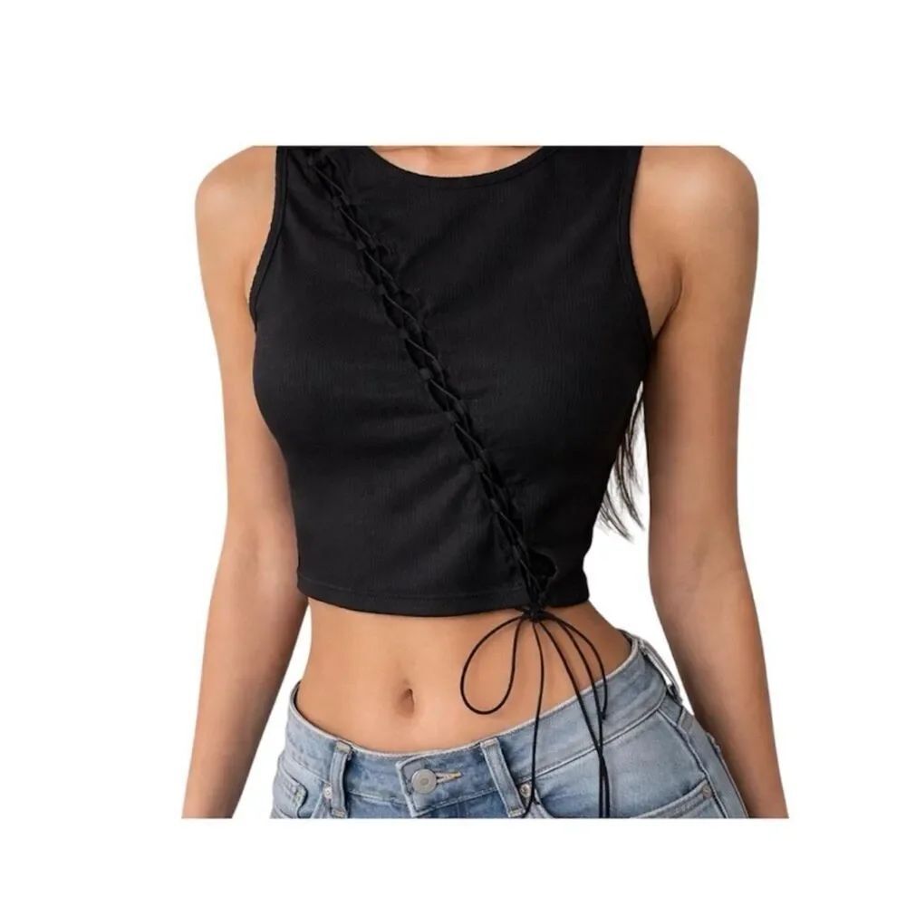 Princess Polly Black Lace-Up Ribbed Cropped Tank EUC